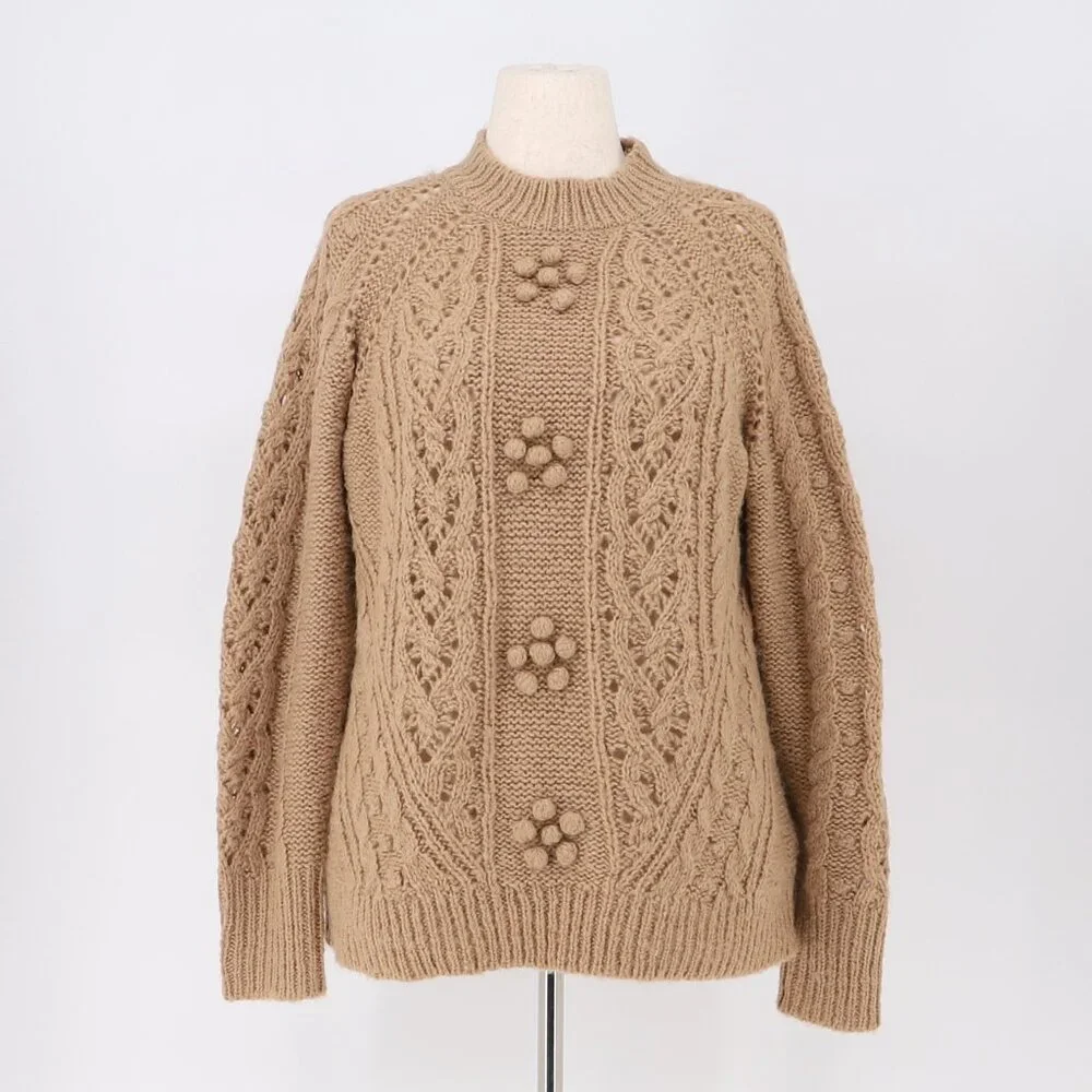 J. CREW Cable-knit Pointelle Sweater with Popcorn Flowers Wool Alpaca Blend L